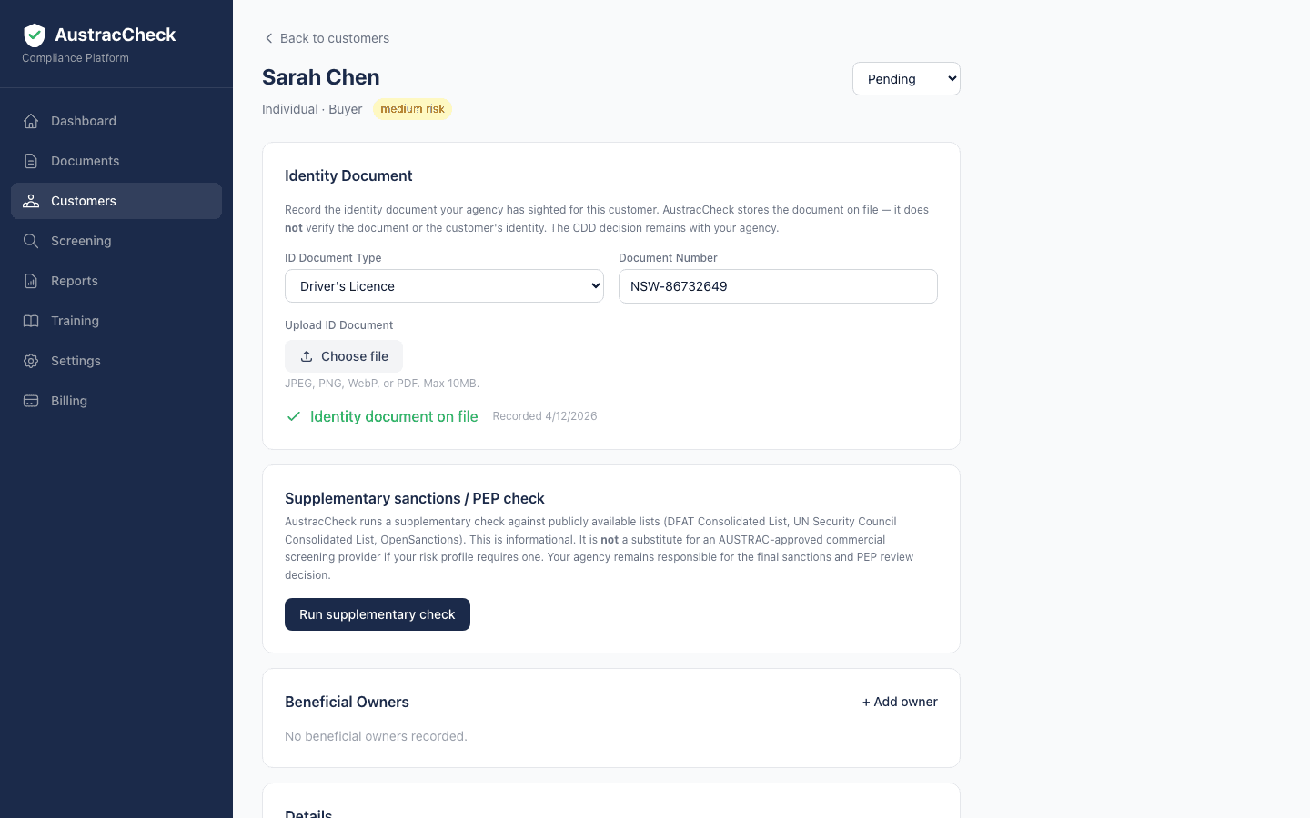 AustracCheck customer profile — Identity document on file, recorded on 4/12/2026, with a descriptor that explicitly states AustracCheck does not verify the document and the CDD decision remains with the agency.