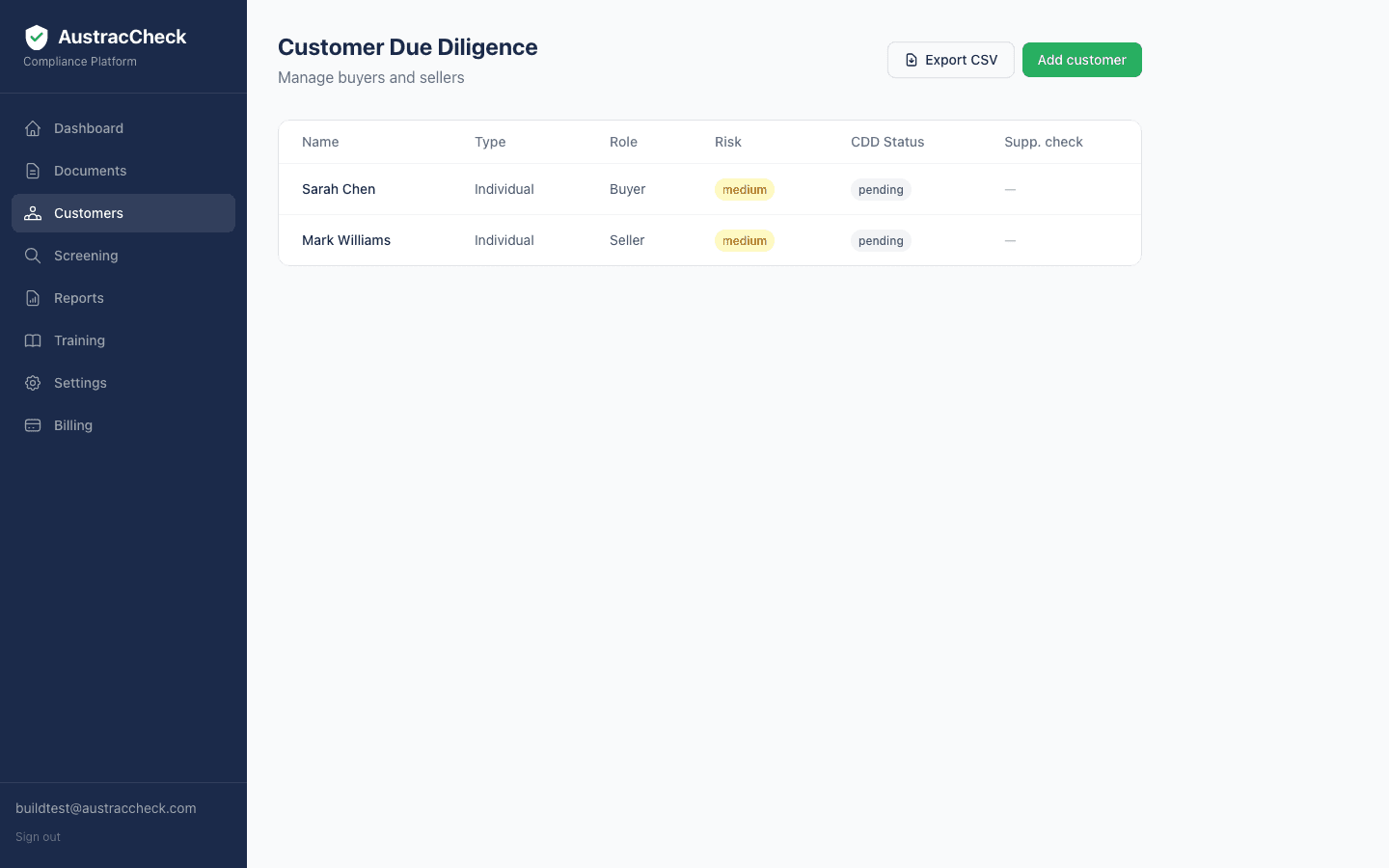 AustracCheck customers list — a customer due diligence table showing name, type, role, risk, CDD status and supplementary check column.