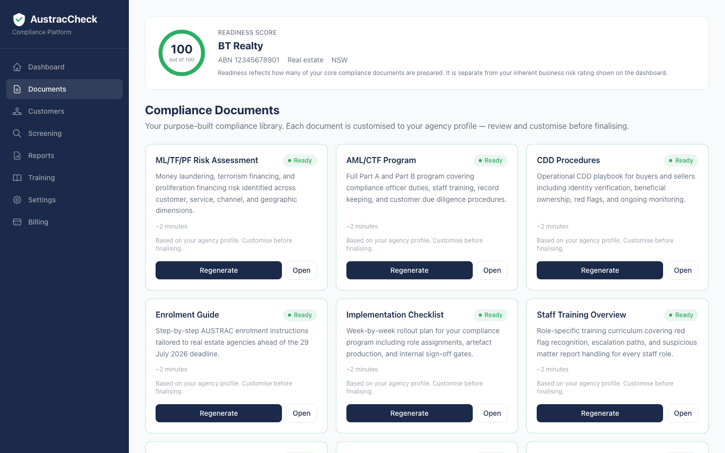 AustracCheck compliance documents library — readiness score, ML/TF/PF risk assessment, AML/CTF program, CDD procedures, and more, all tagged Ready.